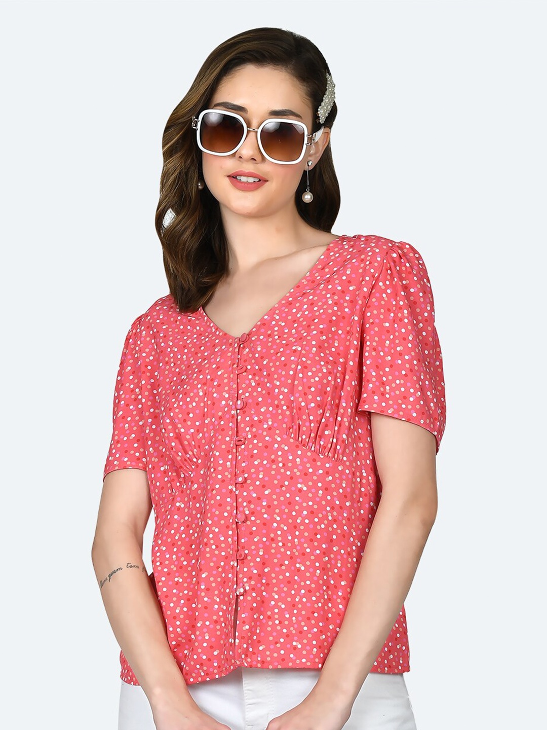 

Zink London Polka Dots Printed Puff Sleeves Shirt Style Top, Pink