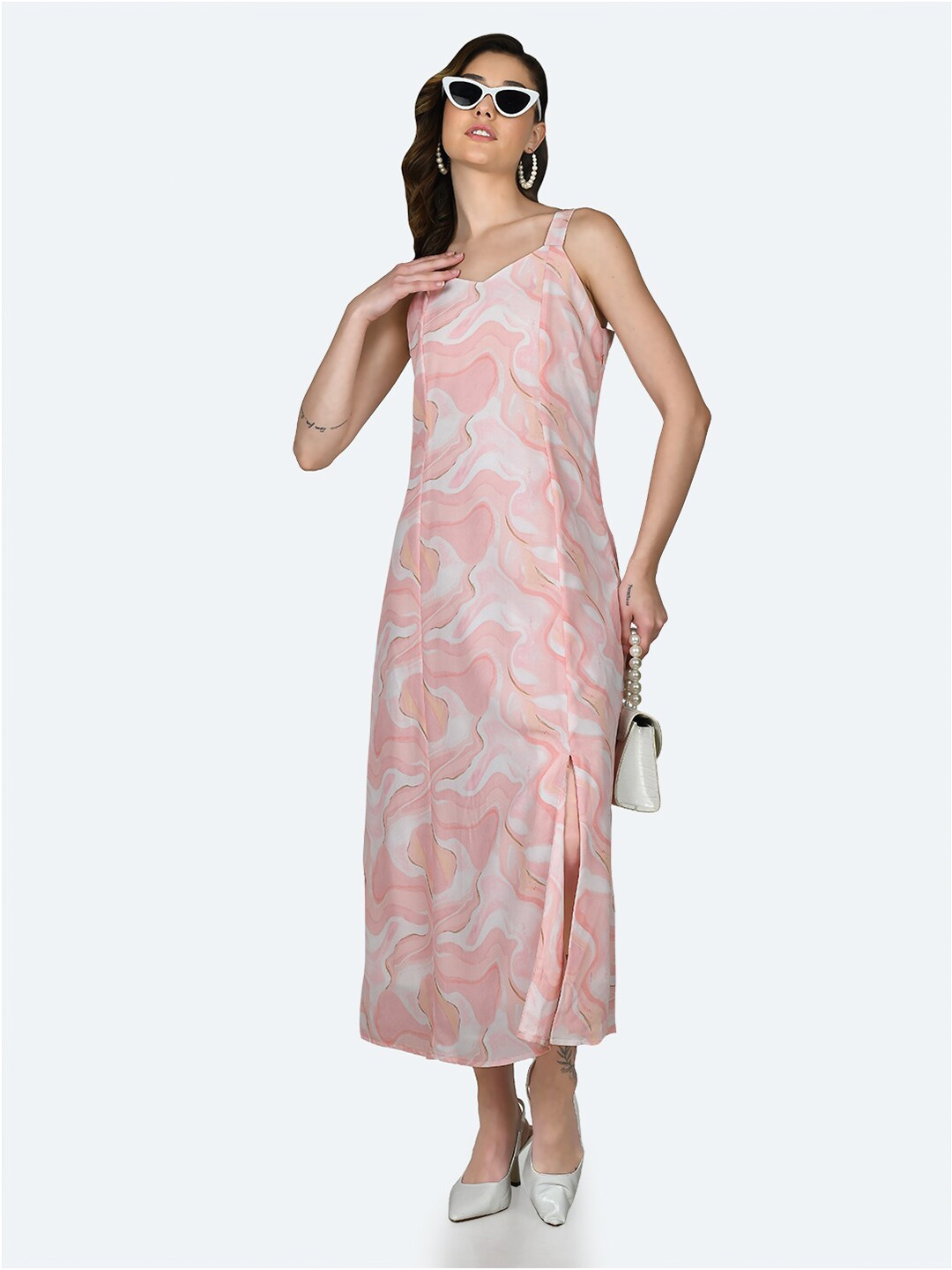 Zink London Shoulder Straps Abstract Printed Front Slit A-Line Maxi Dress, Peach