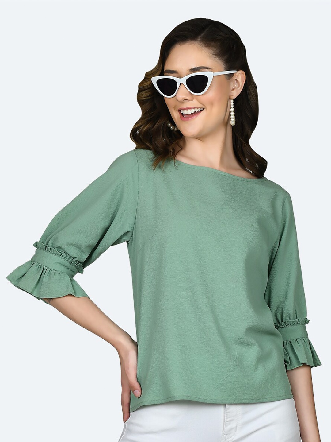 

Zink London Boat Neck Bell Sleeves Regular Top, Green
