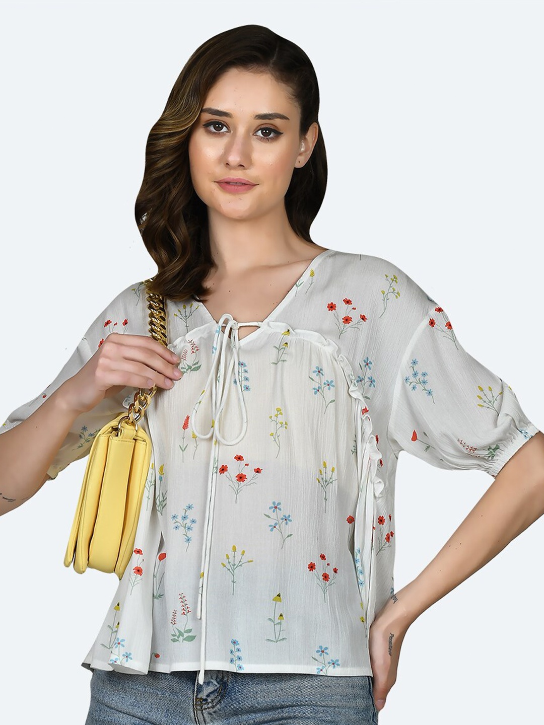 

Zink London Floral Printed Tie-Up Neck Regular Top, White