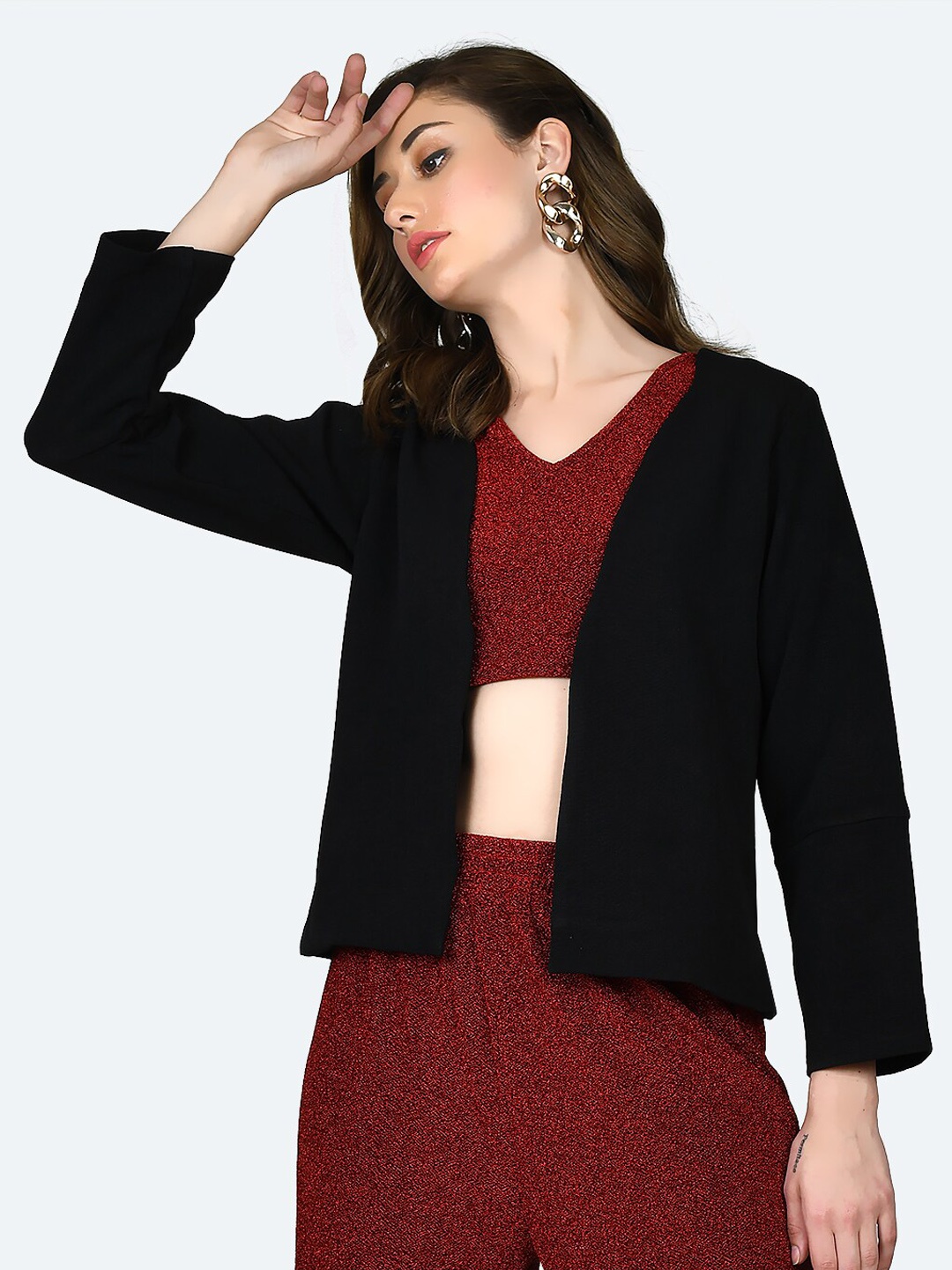 Zink London Women Collarless Front Open Jacket, Black