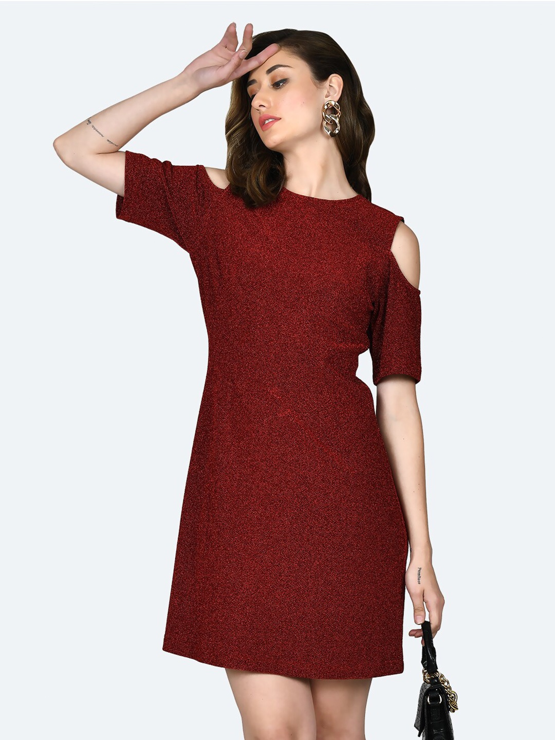 

Zink London Round Neck Cold-Shoulder Sleeves Shimmer Sheath Dress, Red