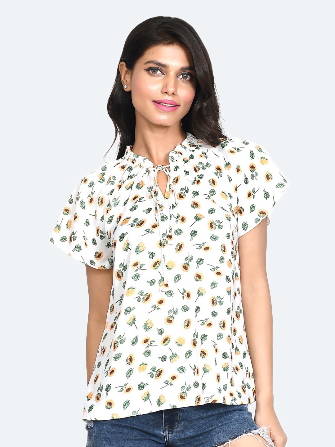 

Zink London Conversational Printed Tie-Up Neck Regular Top, White