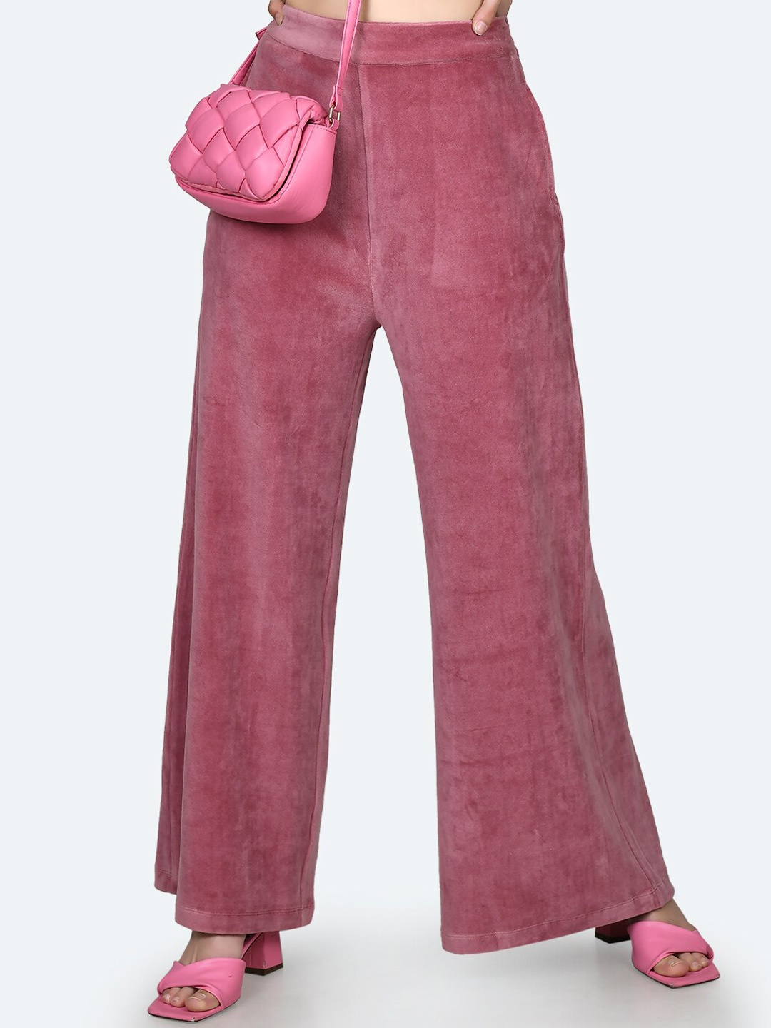 

Zink London Women Pink High-Rise Flared Parallel Trousers