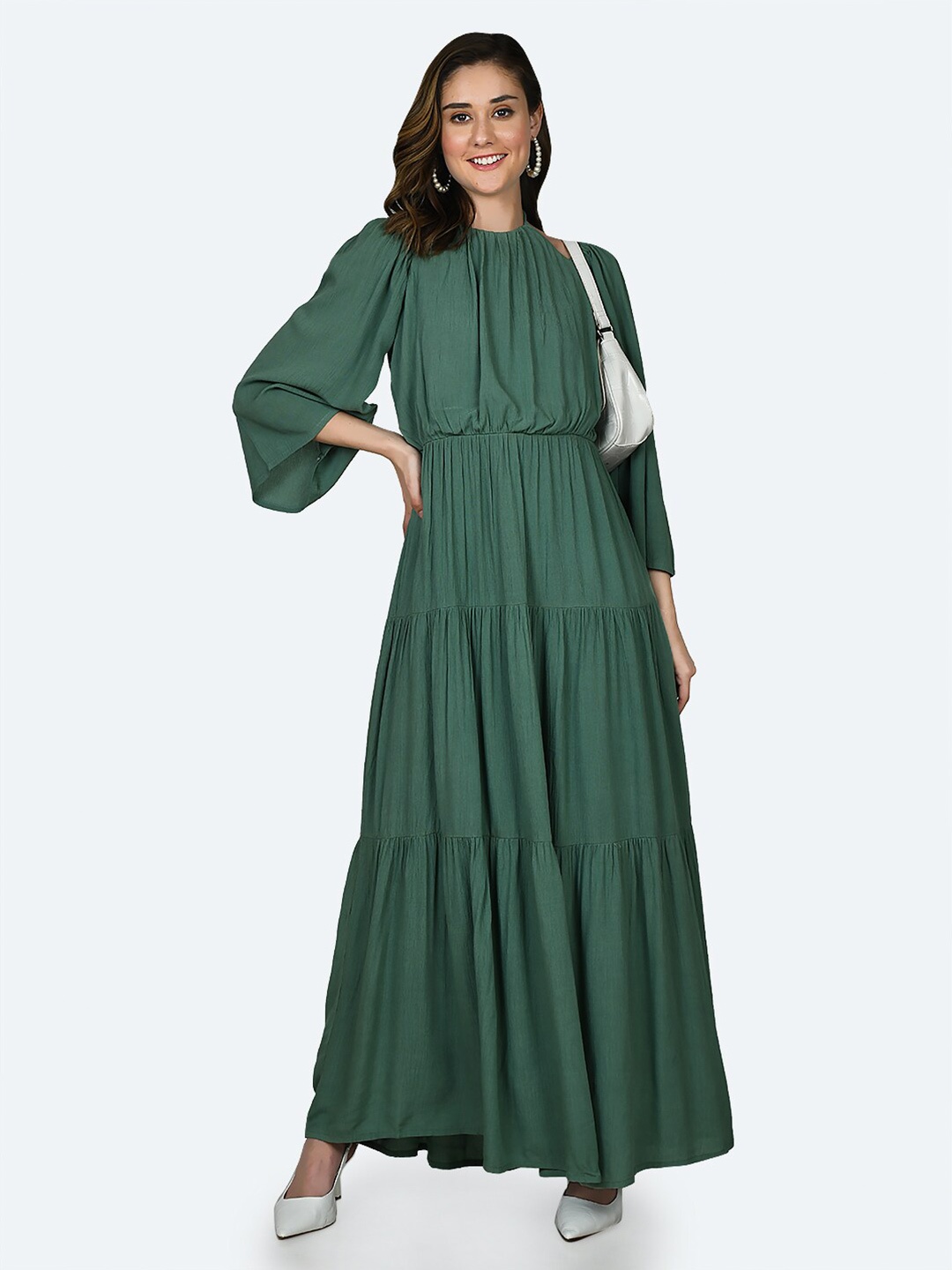 

Zink London Flared Sleeves Tiered Pure Cotton Fit & Flare Maxi Dress, Green