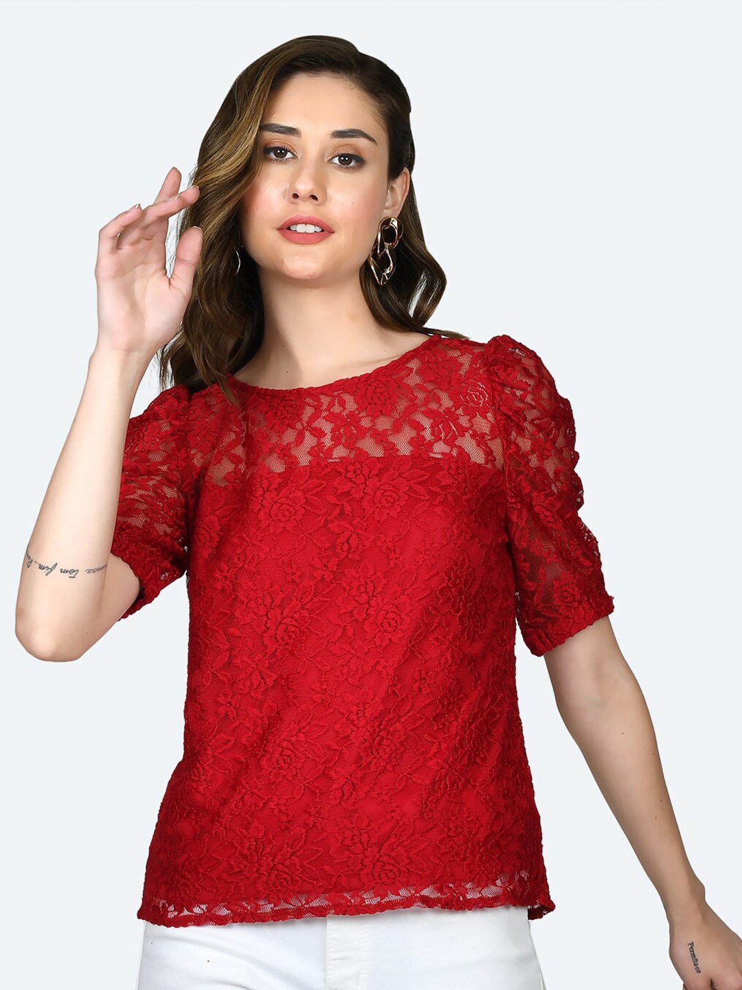

Zink London Self Design Puff Sleeves Lace Top, Red