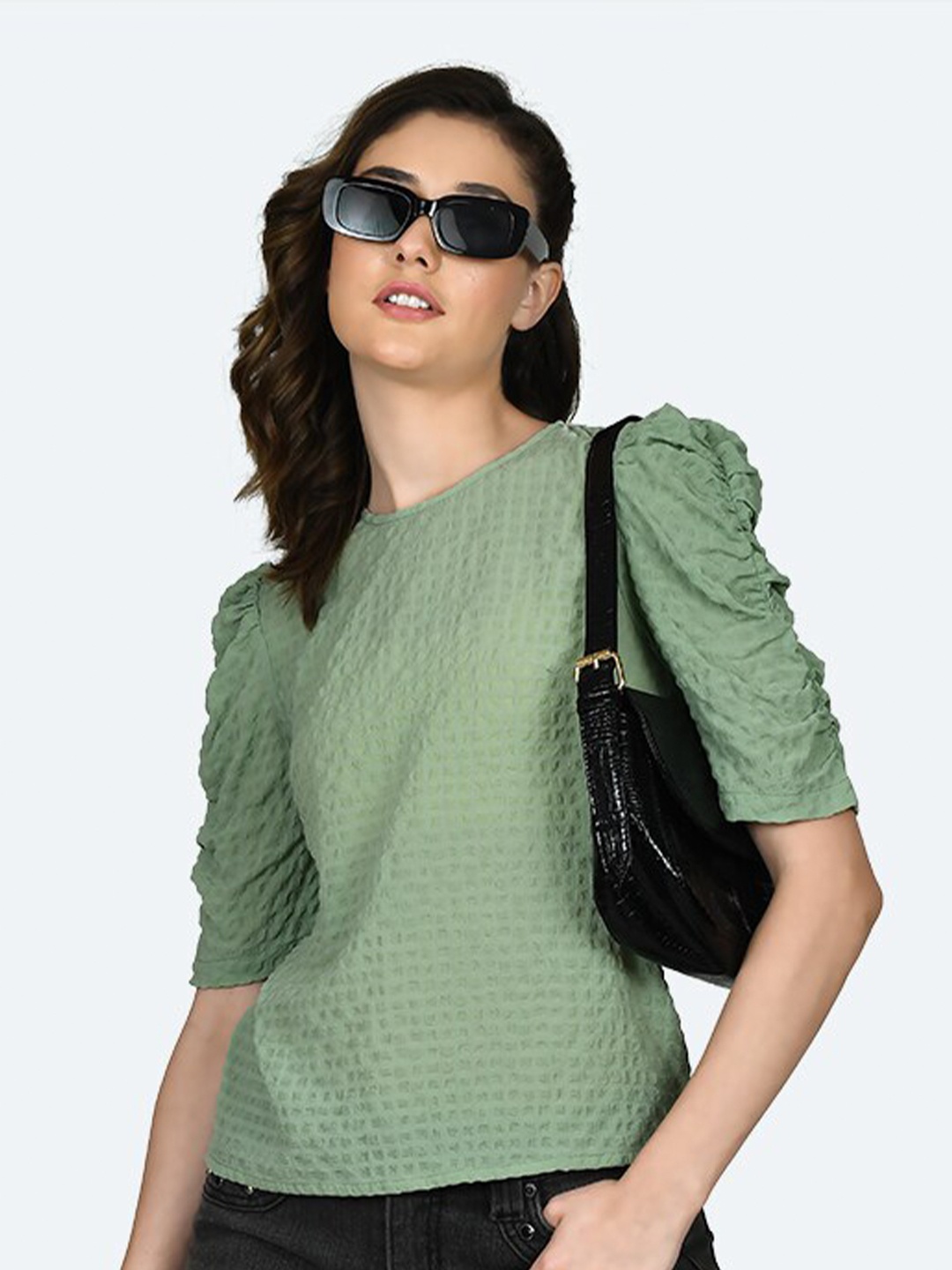 

Zink London Self Design Puff Sleeves Top, Green