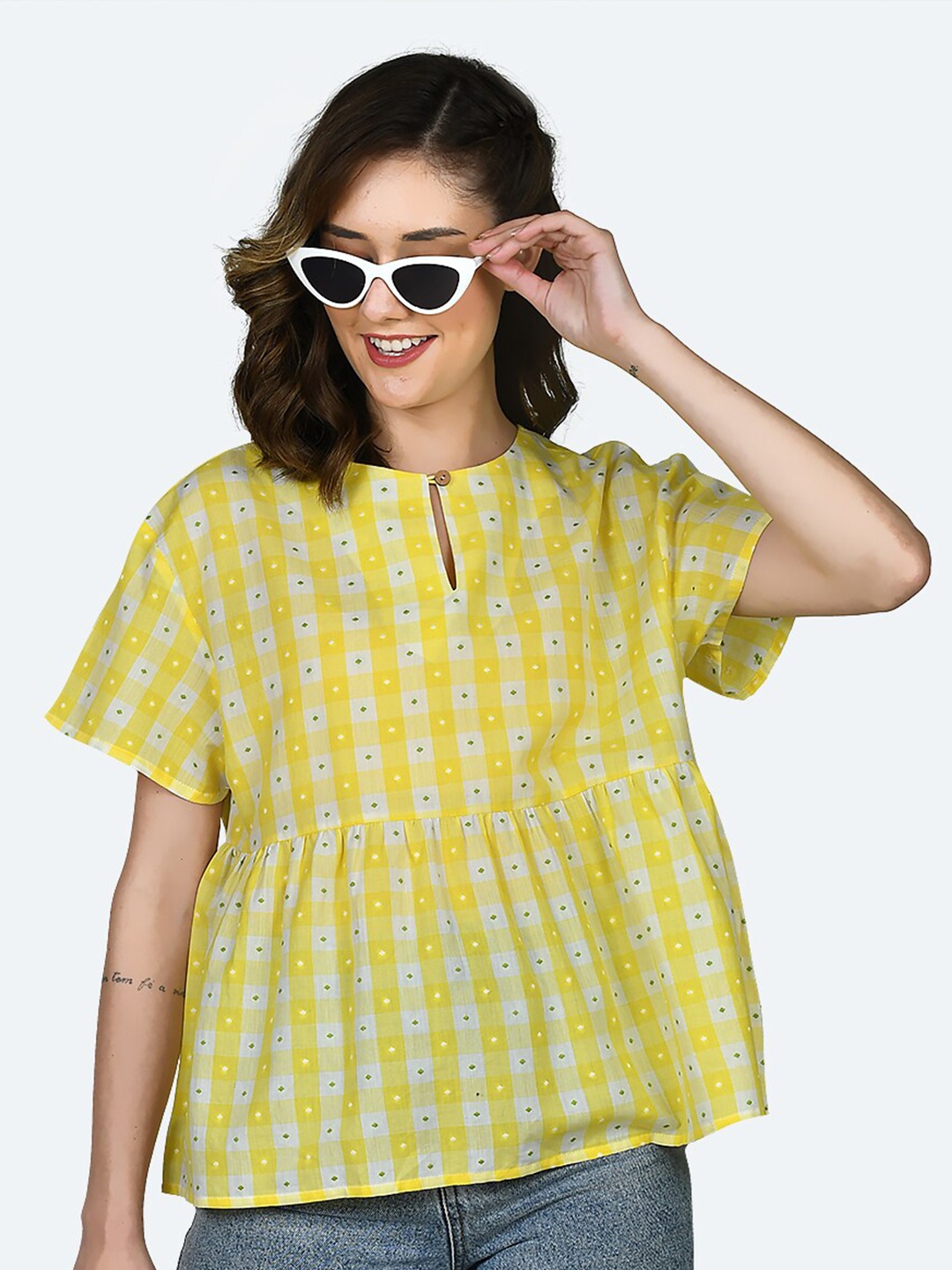 

Zink London Geometric Printed Gathered Pure Cotton Peplum Top, Yellow