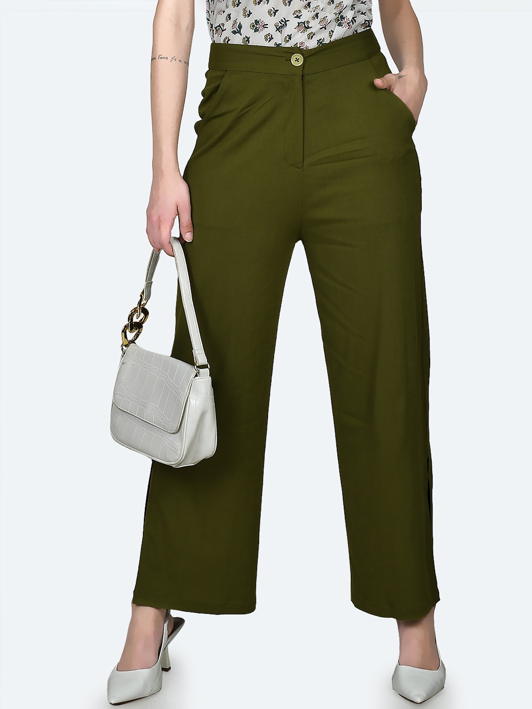 

Zink London Women Flat-Front High-Rise Straight Trouser, Olive