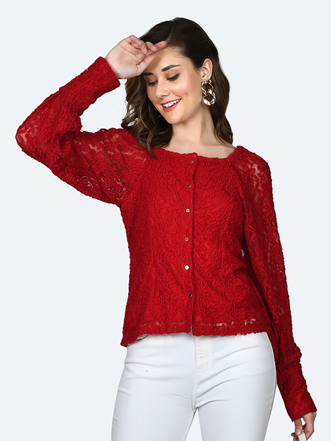 

Zink London Floral Self-Design Puff Sleeves Shirt Styles Top, Red
