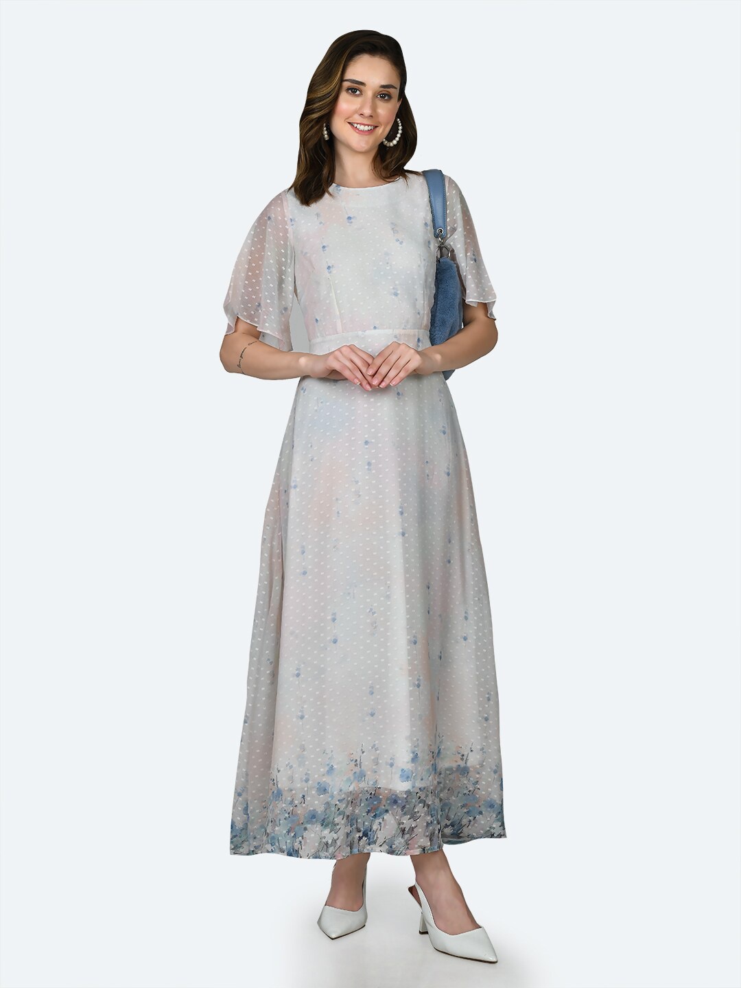 

Zink London Self Design Flutter Sleeves A-Line Maxi Dress, Off white