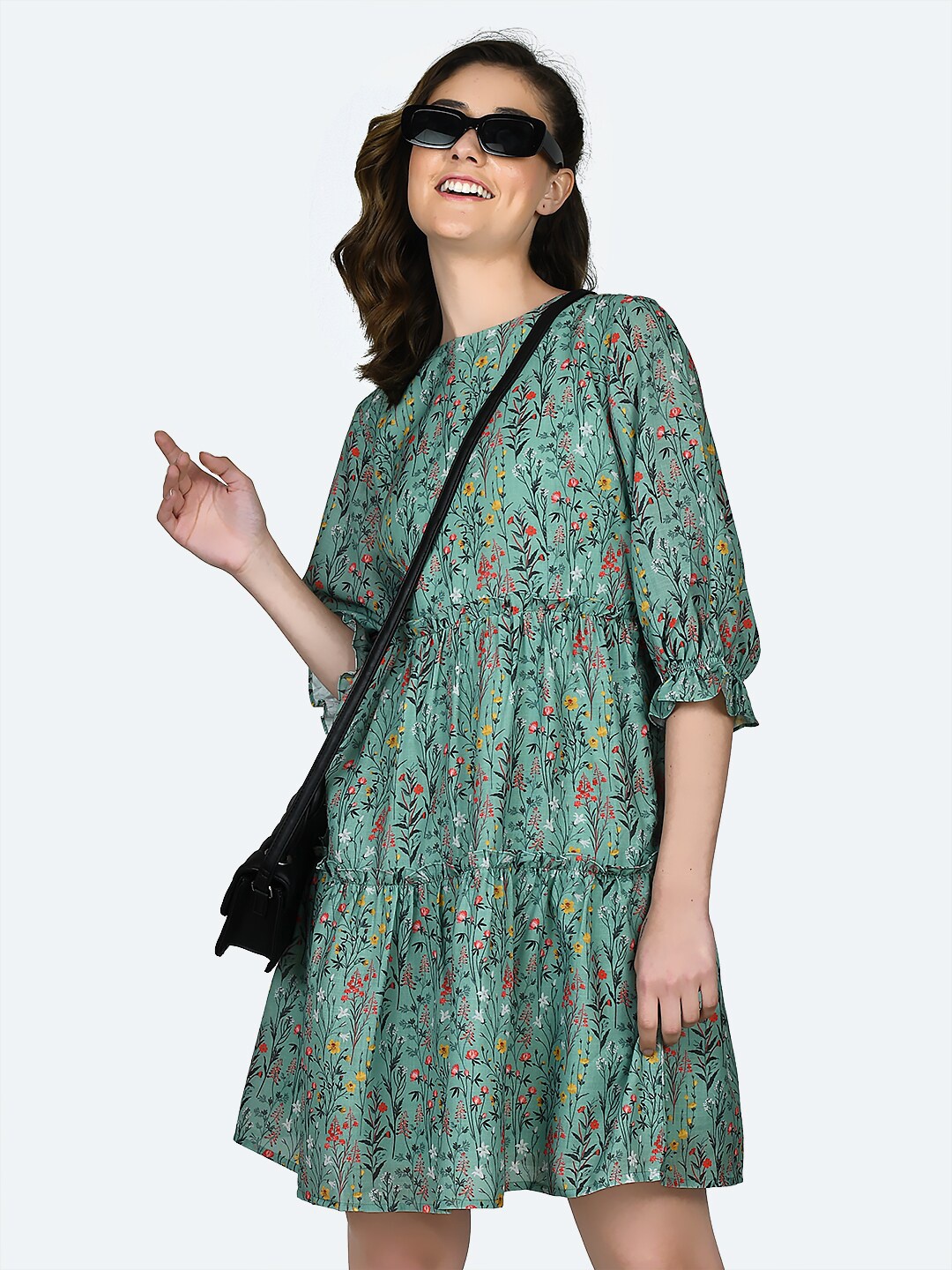 

Zink London Floral Printed Tiered Fit & Flare Dress, Green