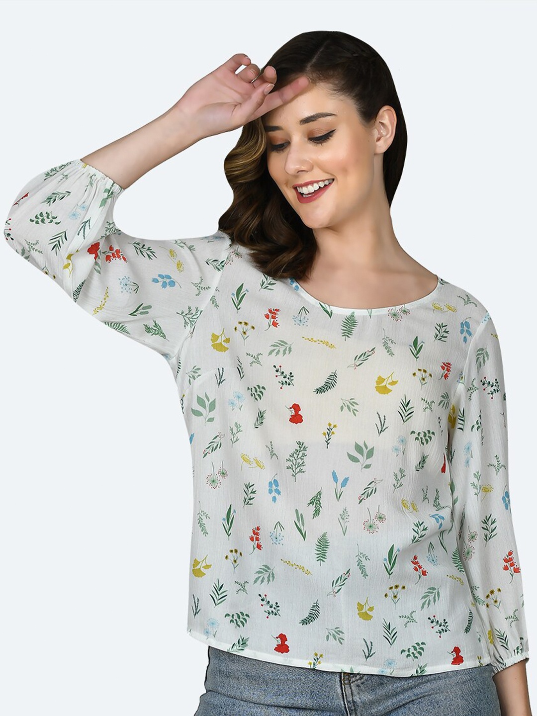 

Zink London Tropical Printed Puff Sleeves Top, White