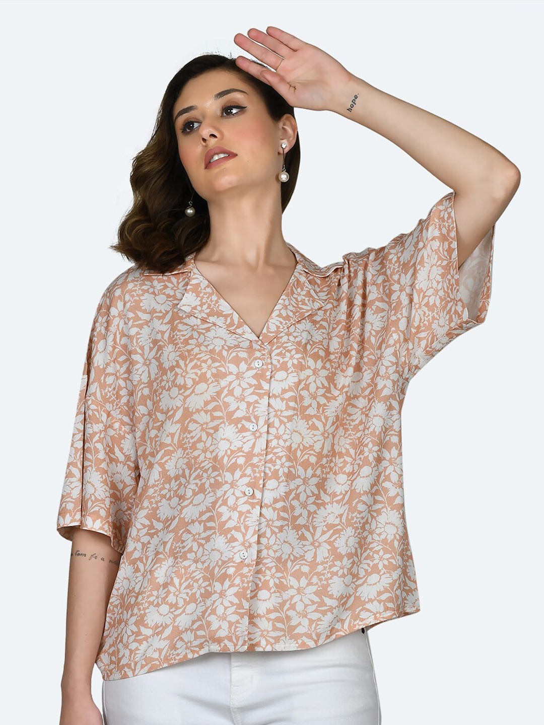 

Zink London Floral Printed Boxy Shirt, Peach