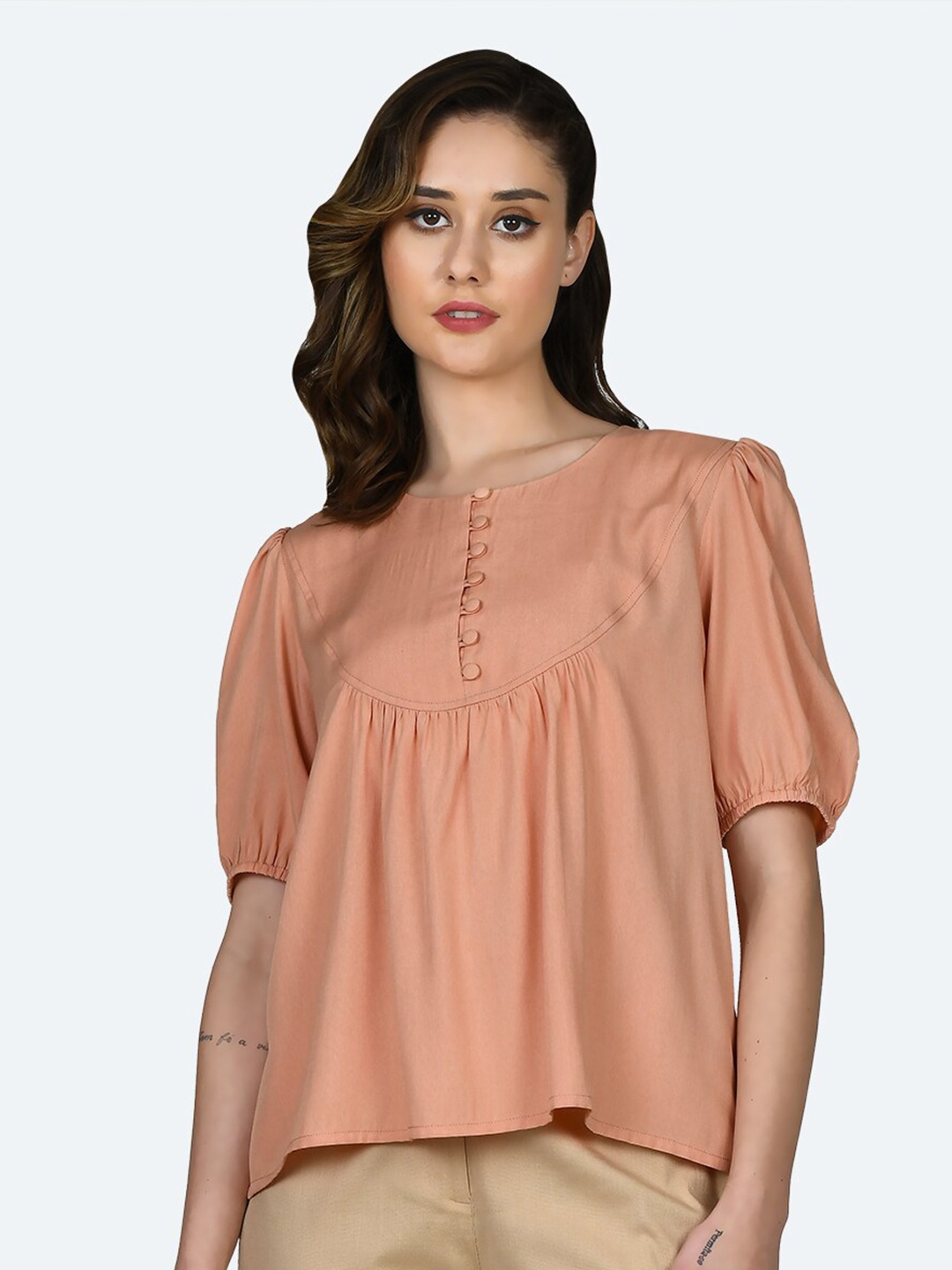 

Zink London Puff Sleeves Gathered Empire Top, Peach