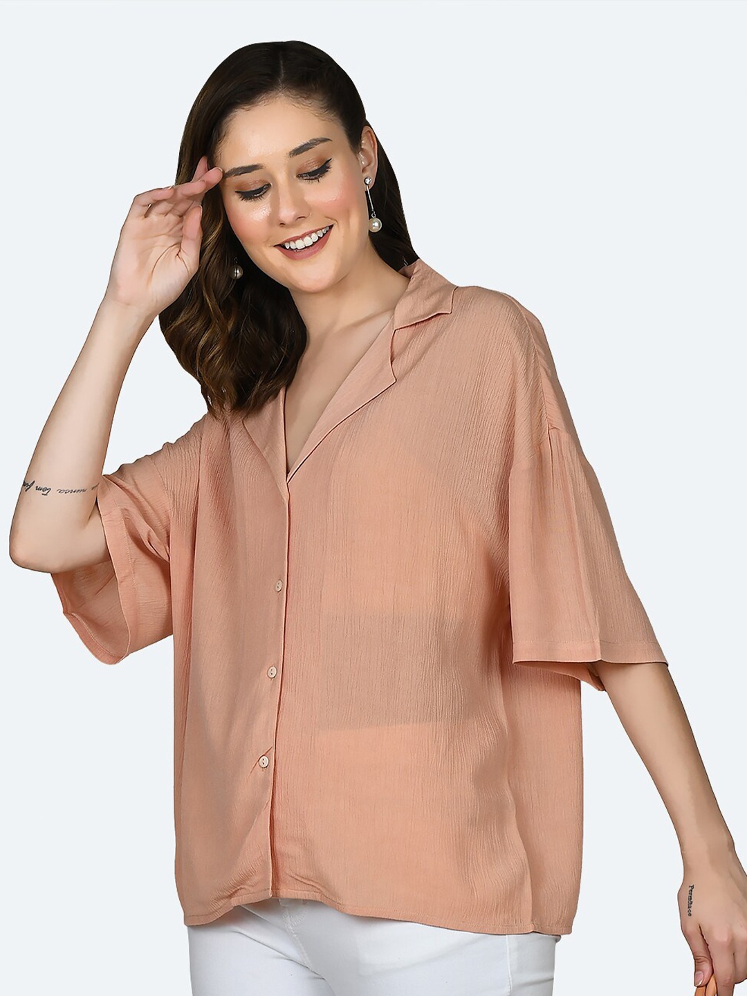 

Zink London Spread Collar Boxy Shirt, Peach