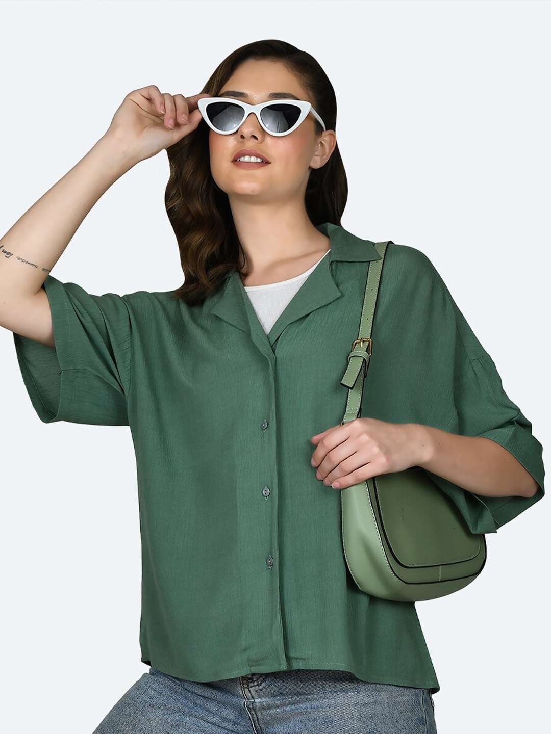 

Zink London Spread Collar Boxy Shirt, Green