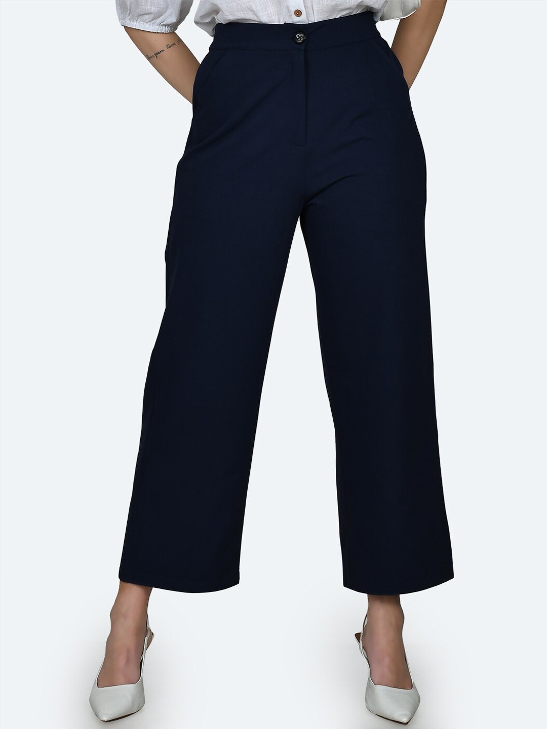 

Zink London Women High-Rise Straight-Fit Cropped Parallel Trousers, Blue