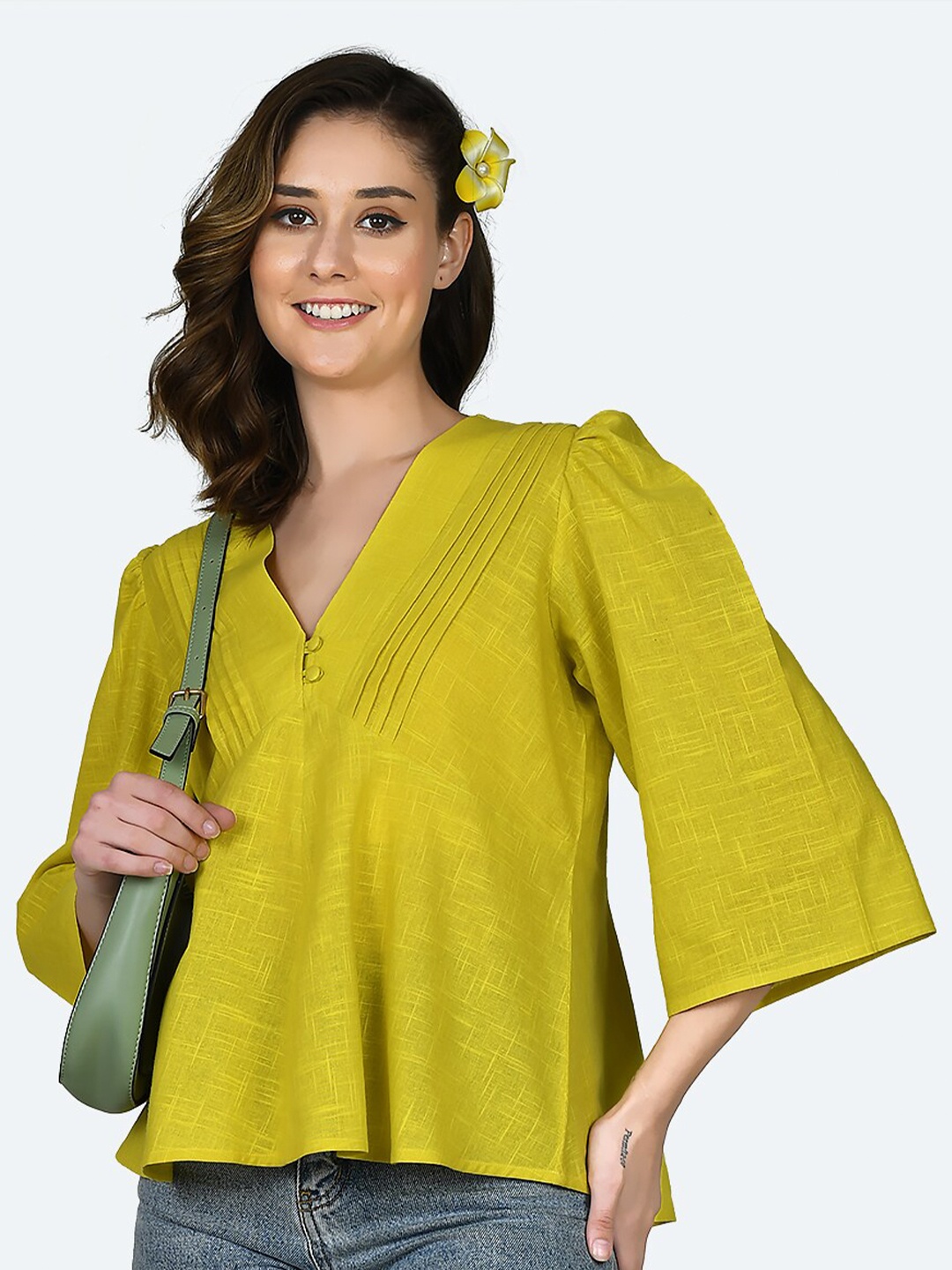 

Zink London V-Neck Flared Sleeves Pure Cotton Empire Top, Yellow