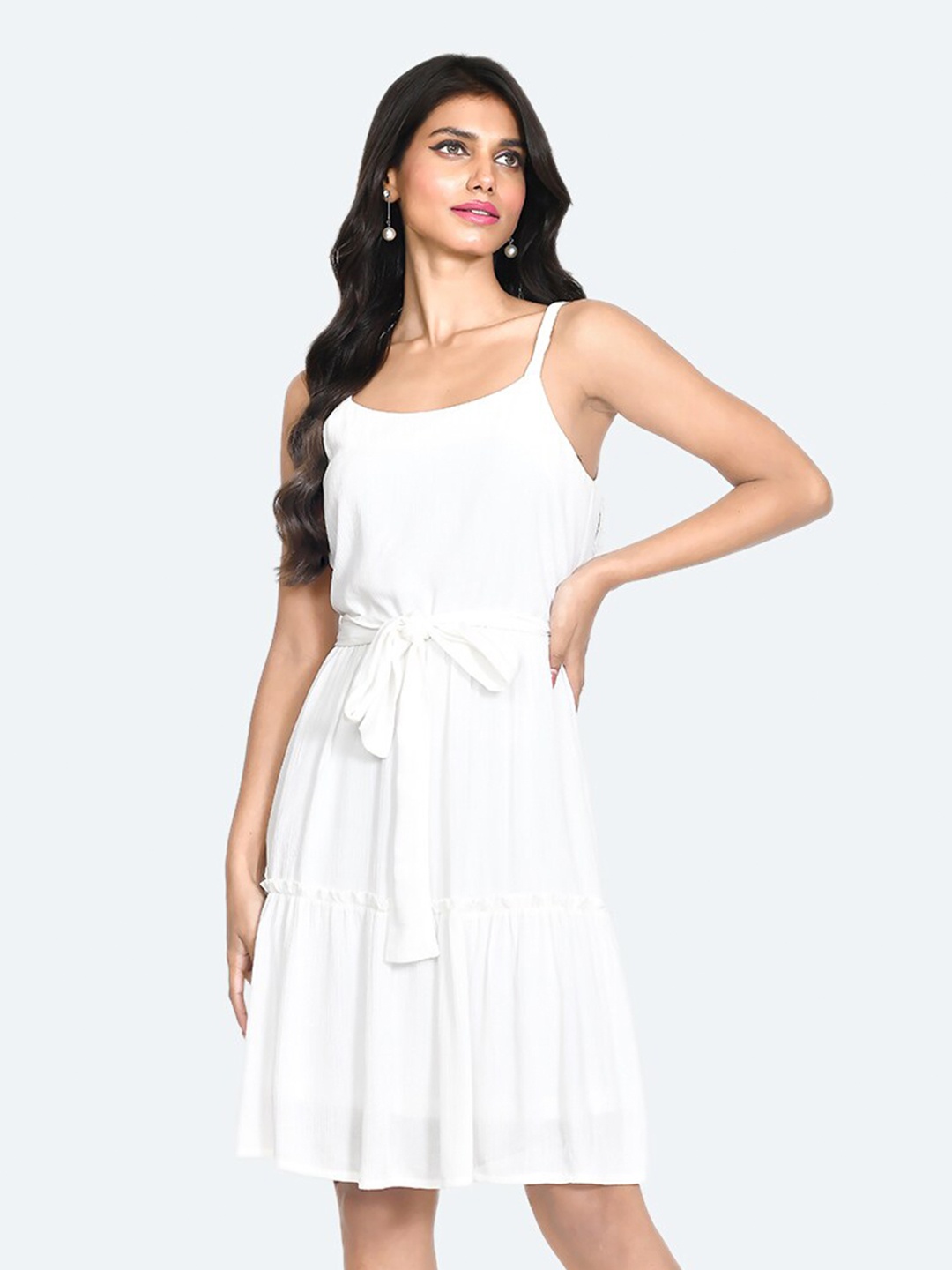 

Zink London Shoulder Strap Tie-Up Tiered Fit & Flare Dress, White