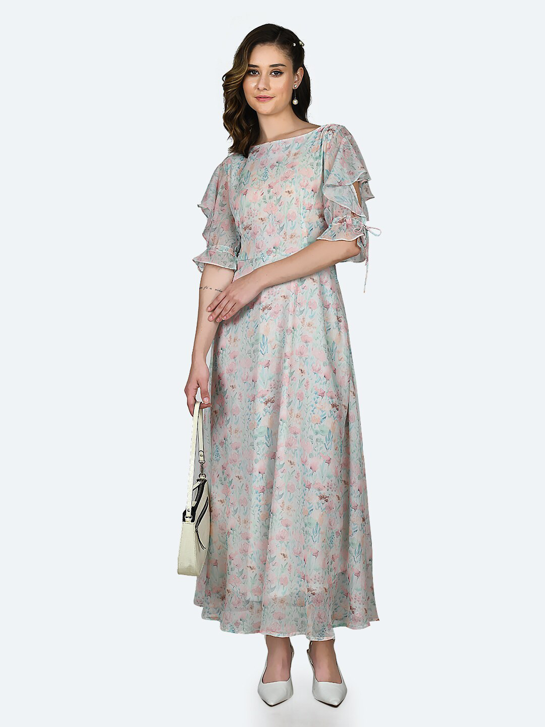 

Zink London Floral Printed Slit Sleeves A-Line Maxi Dress, White