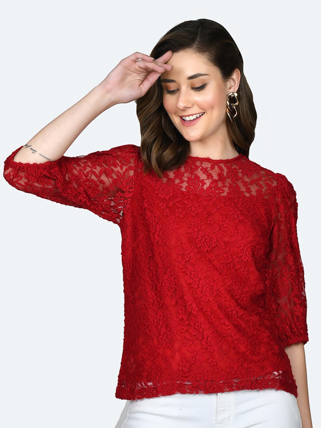 

Zink London Round Neck Puff Sleeves Lace Regular Top, Red
