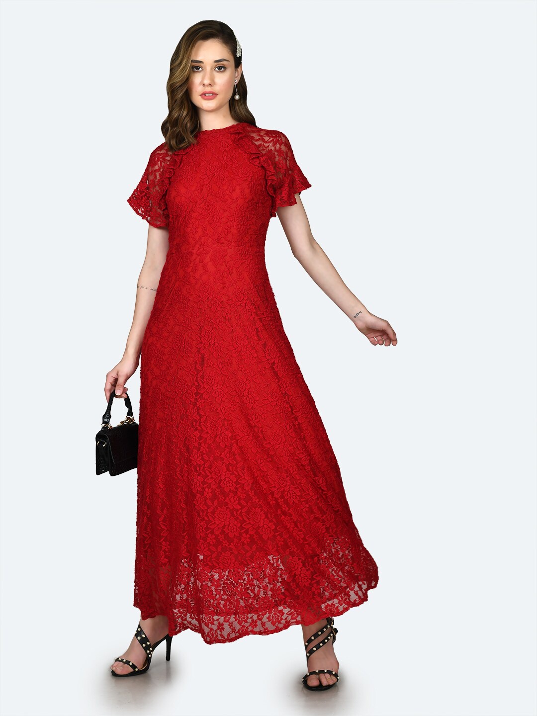 

Zink London Self Design Flutter Sleeves Ruffles Lace A-Line Maxi Dress, Red