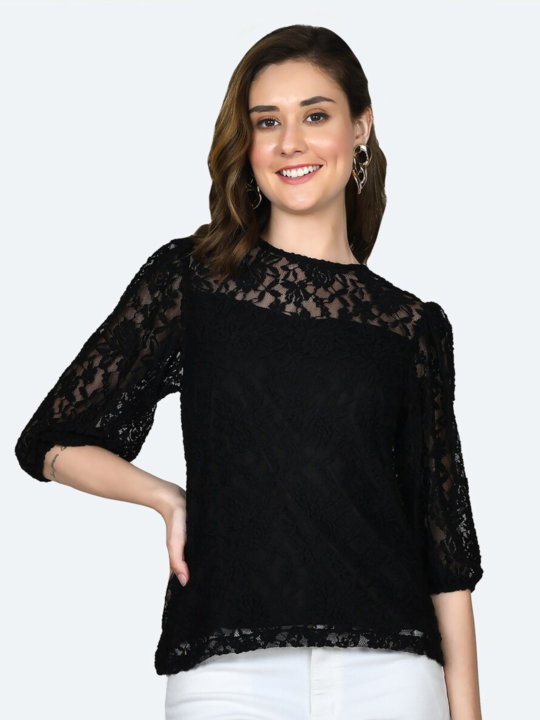 

Zink London Self Design Round Neck Puff Sleeves Top, Black