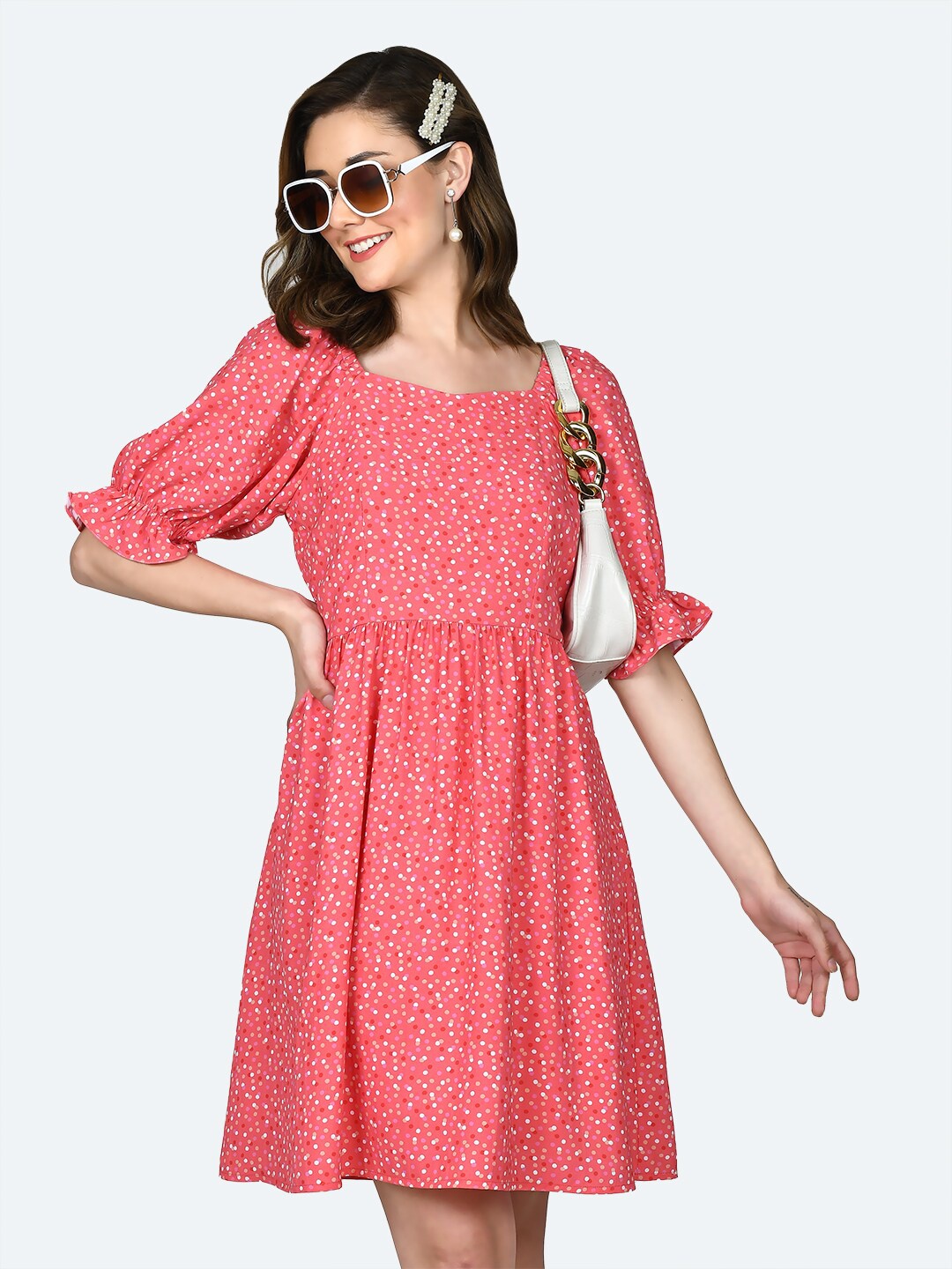 

Zink London Square Neck Polka Dots Printed A-Line Mini Dress, Pink