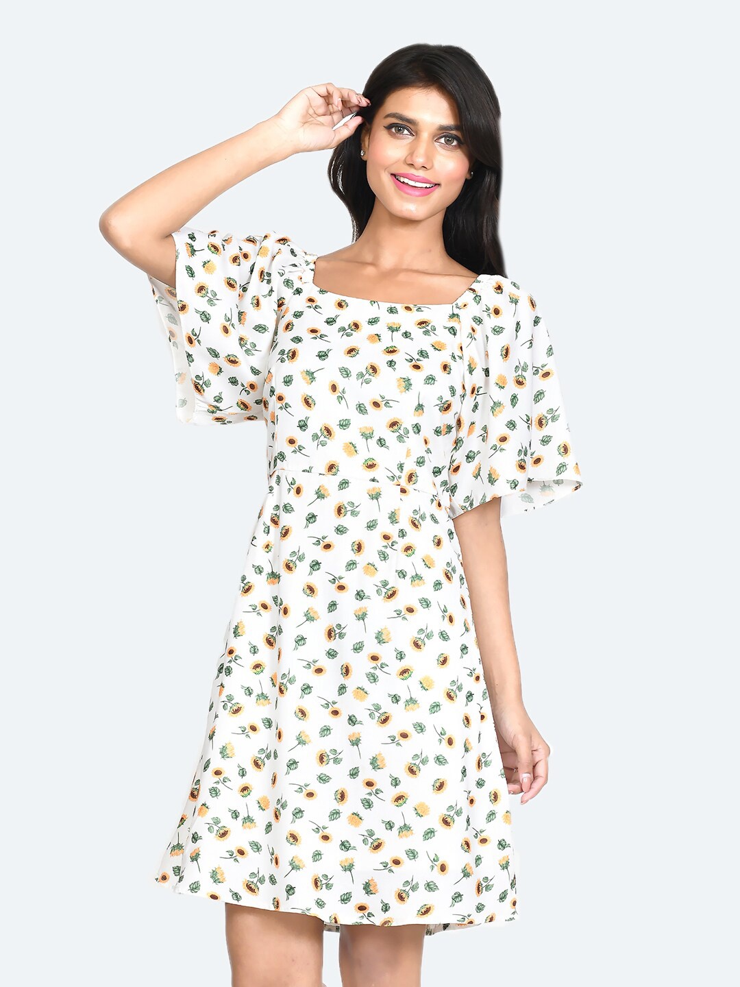 

Zink London Floral Printed Flutter Sleeves A-Line Mini Dress, White