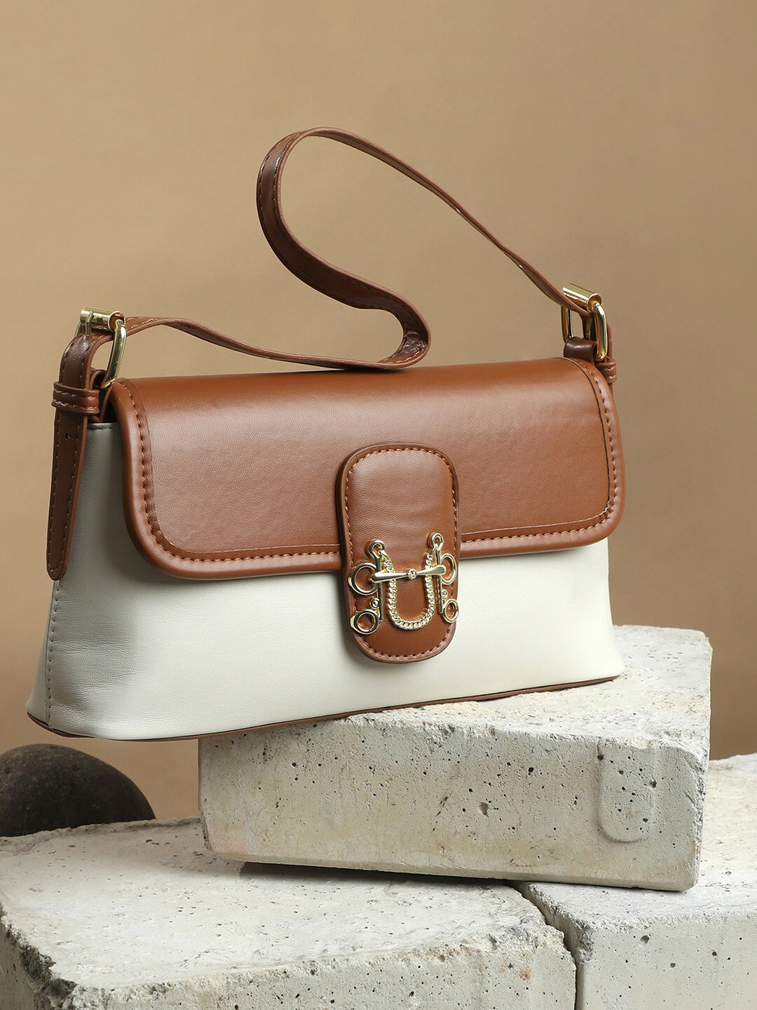 

HAUTE SAUCE by Campus Sutra Colourblocked PU Water Resistant Satchel Bag, Brown