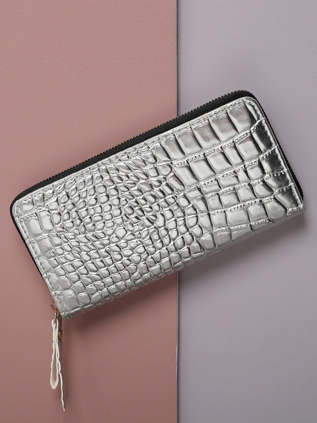 HAUTE SAUCE by Campus Sutra Women Textured Zip Around Wallet, Silver