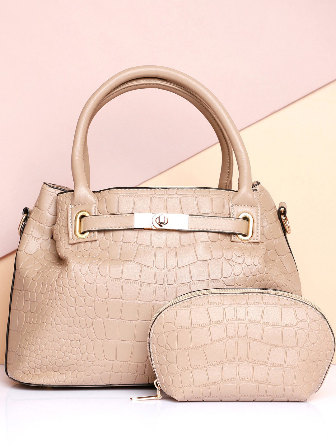 

HAUTE SAUCE by Campus Sutra Textured PU Handheld Bag, Beige