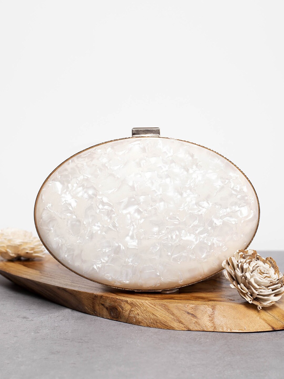 

HAUTE SAUCE by Campus Sutra Water Resistant Textured Oval Clutch, White