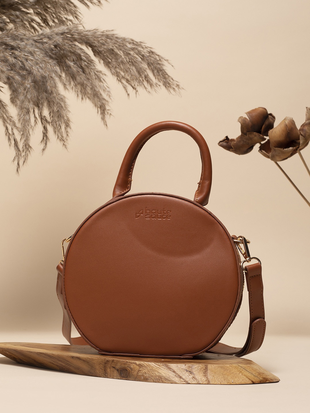 

HAUTE SAUCE by Campus Sutra Textured PU Structured Sling Bag, Tan