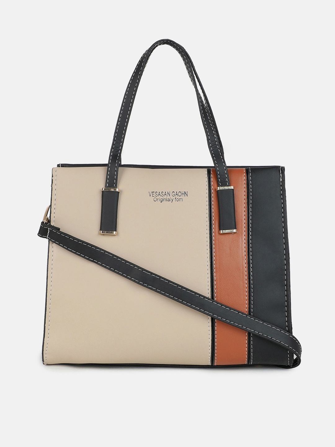 HAUTE SAUCE by Campus Sutra Colourblocked Handheld Bag, Cream
