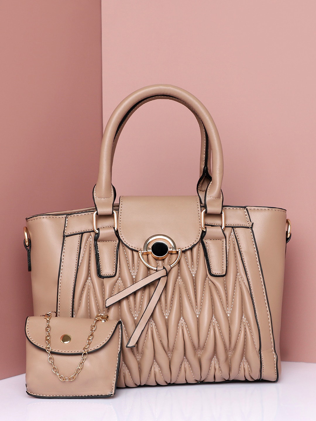 

HAUTE SAUCE by Campus Sutra Textured Structured Water Resistant PU Handheld Bag, Nude