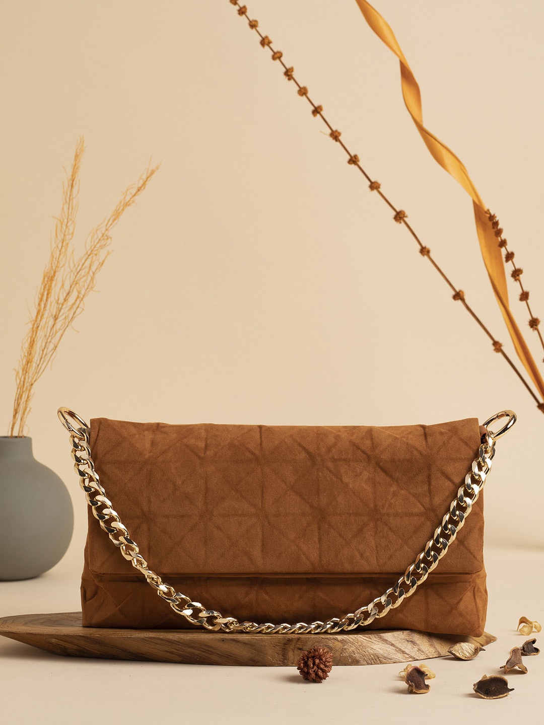 

HAUTE SAUCE by Campus Sutra Structured Sling Bag With Fringed, Tan