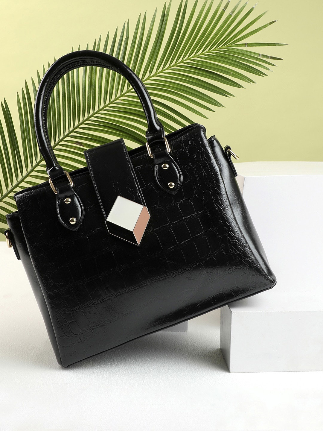 HAUTE SAUCE by Campus Sutra Black Textured PU Handheld Bag