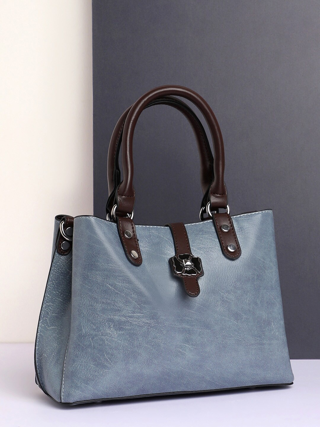 HAUTE SAUCE by Campus Sutra Textured PU Handheld Bag, Blue