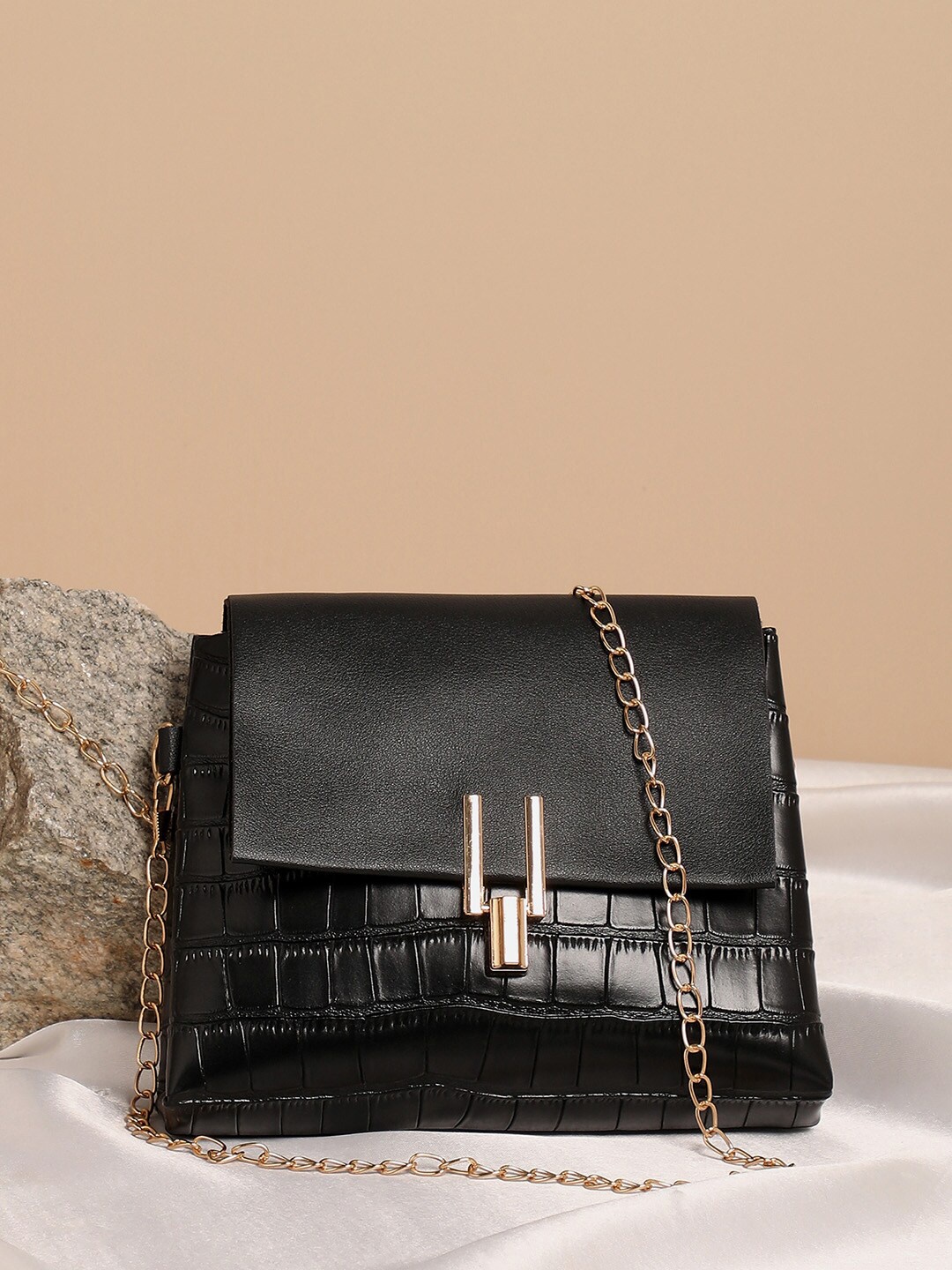 

HAUTE SAUCE by Campus Sutra Textured PU Sling Bag, Black