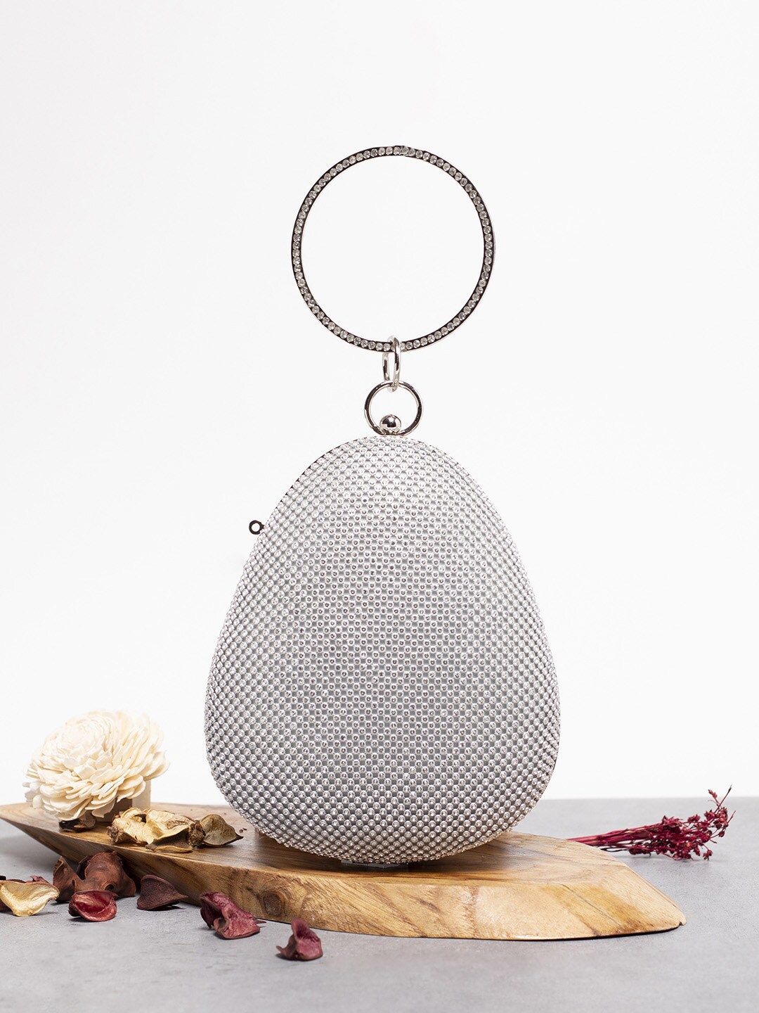 

HAUTE SAUCE by Campus Sutra Embellished Oval Clutch, Silver
