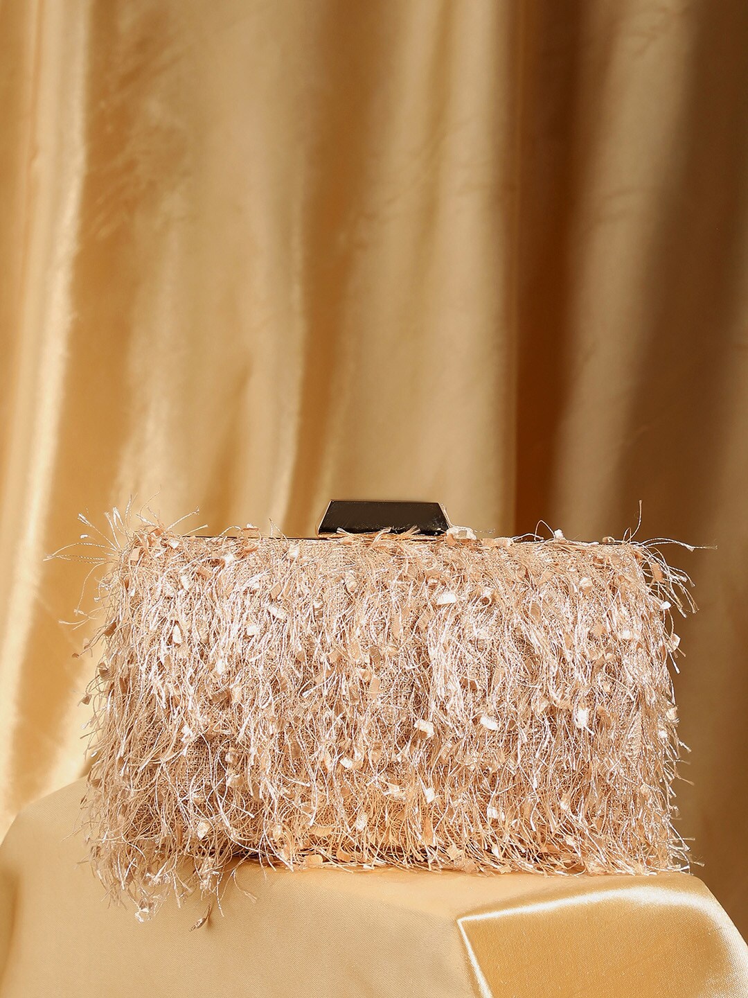 

HAUTE SAUCE by Campus Sutra Embellished Fringed Party Box Clutch, Gold