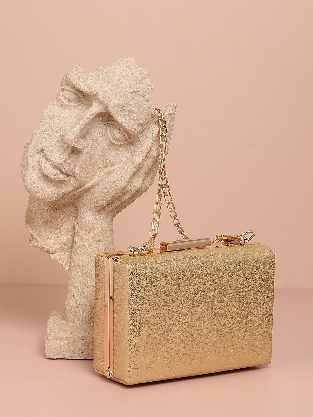

HAUTE SAUCE by Campus Sutra Vegan Leather Embellished Box Clutch, Gold