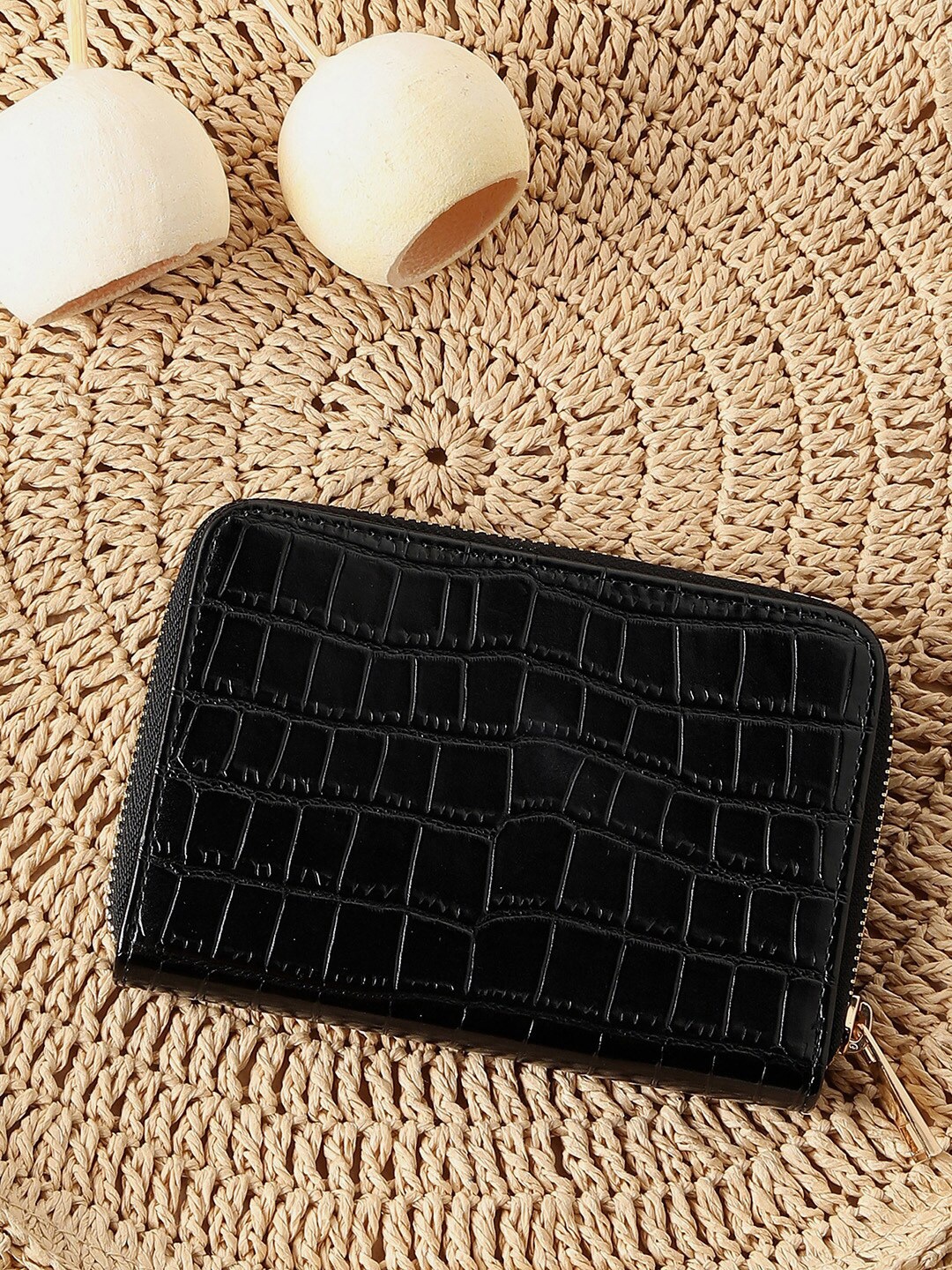 HAUTE SAUCE by Campus Sutra Women Geometric Textured Zip Around Wallet, Black