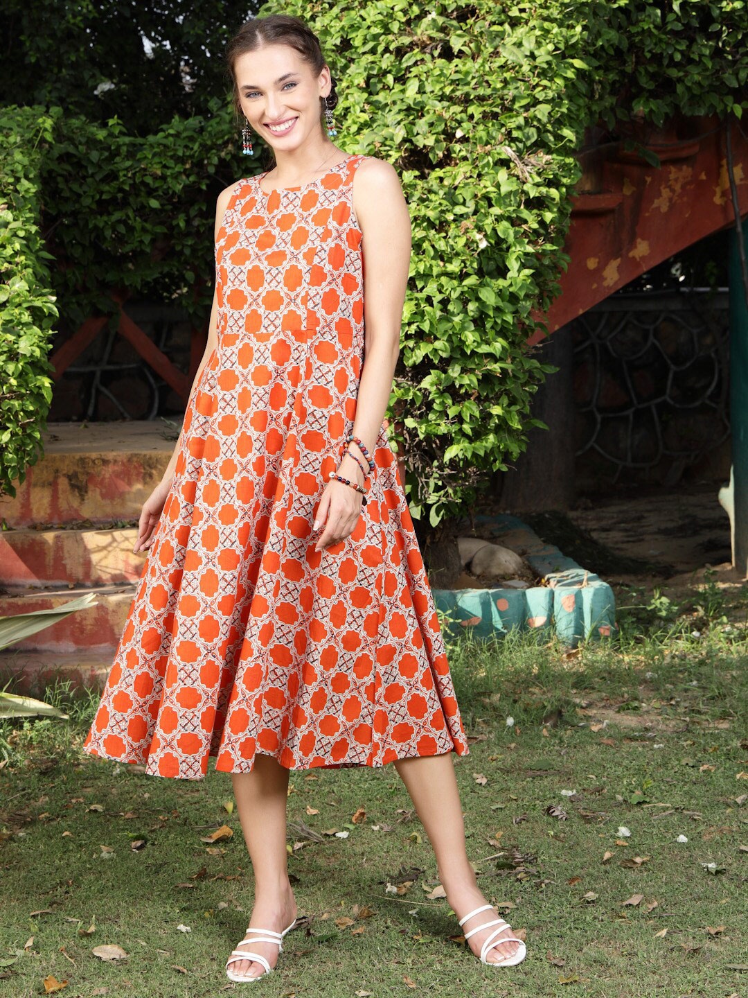 

Sera Ethnic Motif Printed A-Line Midi Dress, Orange