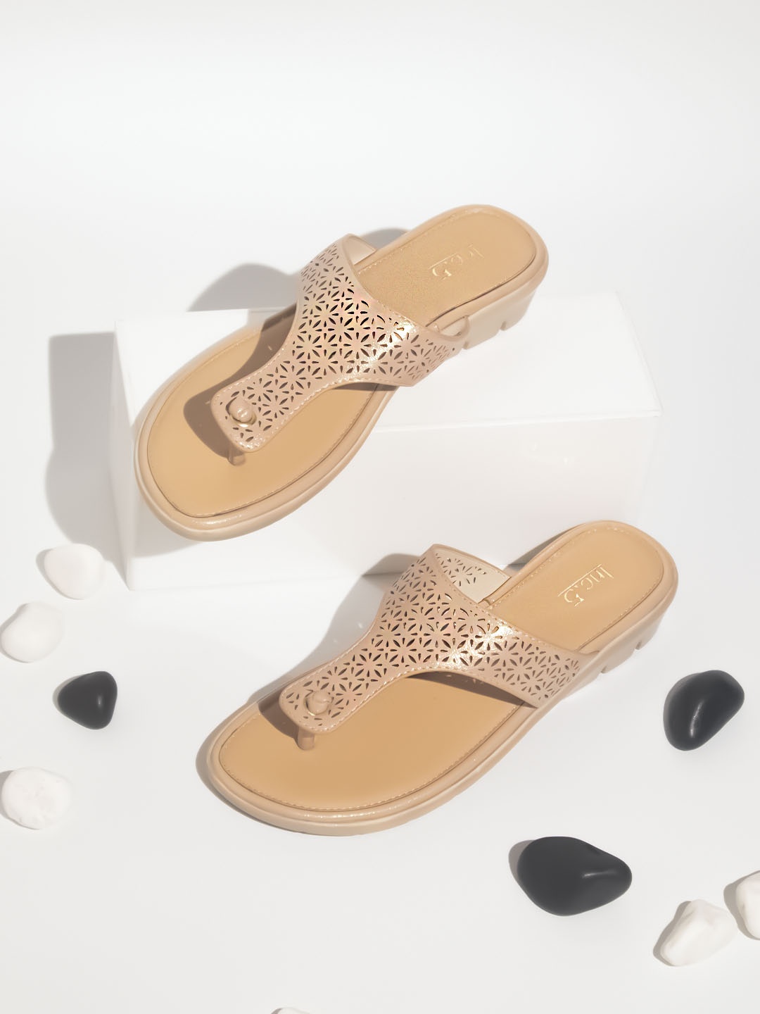 

Inc 5 Laser Cuts Embellished T-Strap Flats, Rose gold