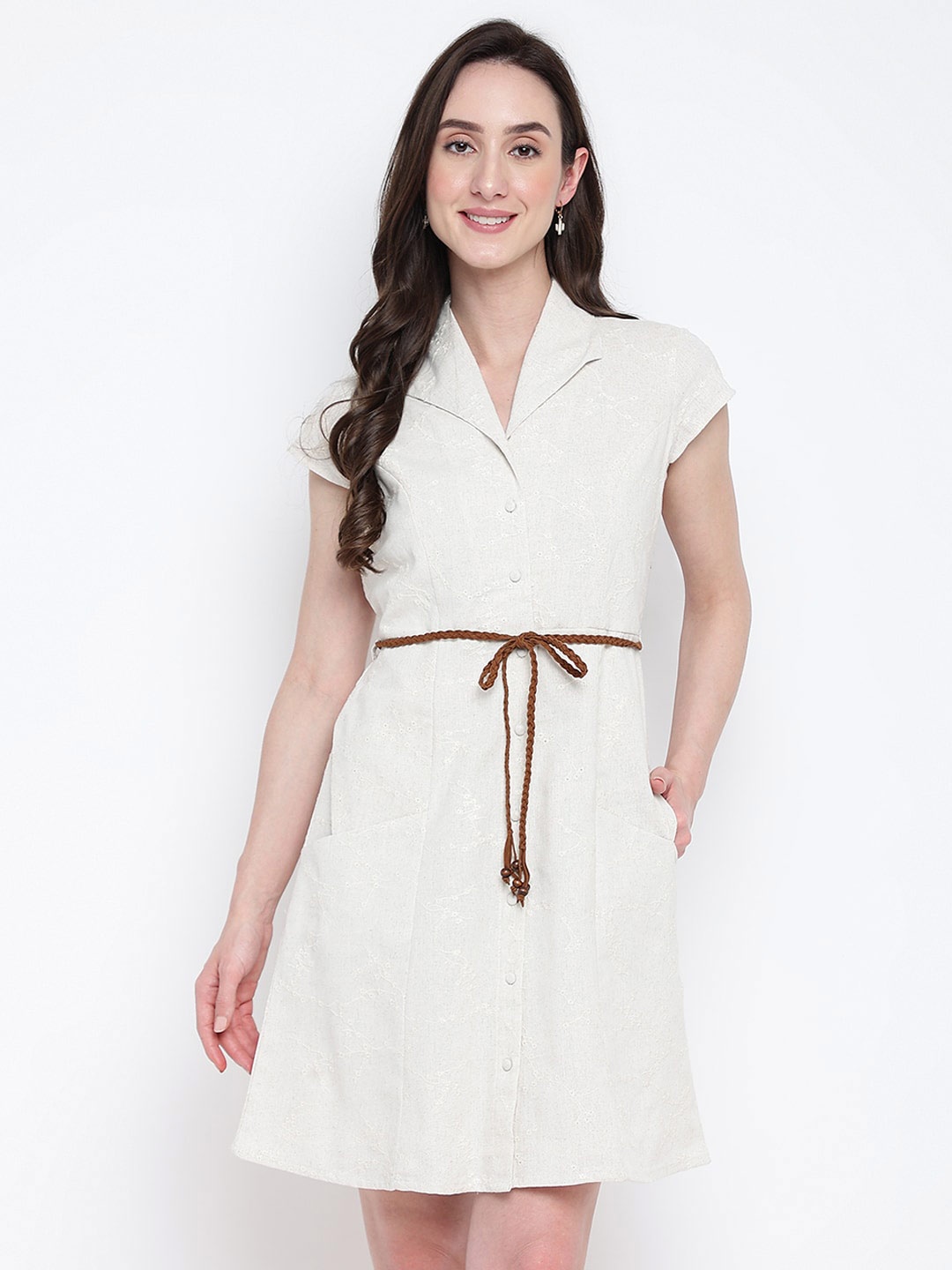 Latin Quarters Shirt Collar Linen Dress, Beige