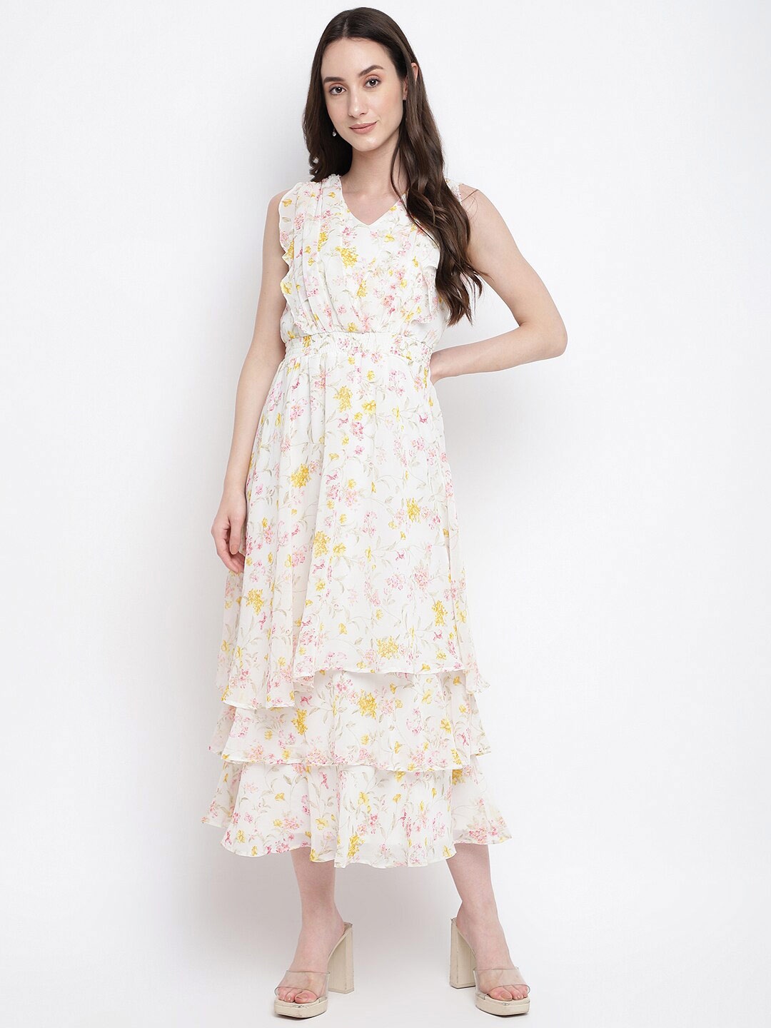 

Latin Quarters V-Neck Floral Printed Layered Ruffles Midi Dress, Off white