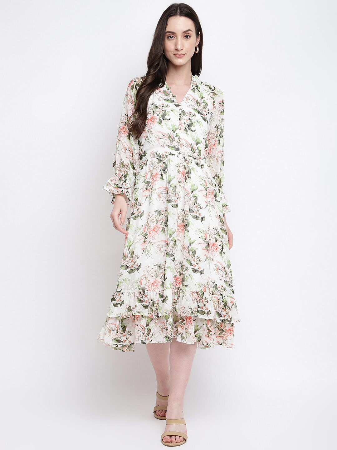 

Latin Quarters Floral Printed Mandarin Collar Fit & Flare Midi Dress, White
